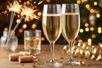 Two champagne flutes celebrating new year's eve with fireworks and festive decorations