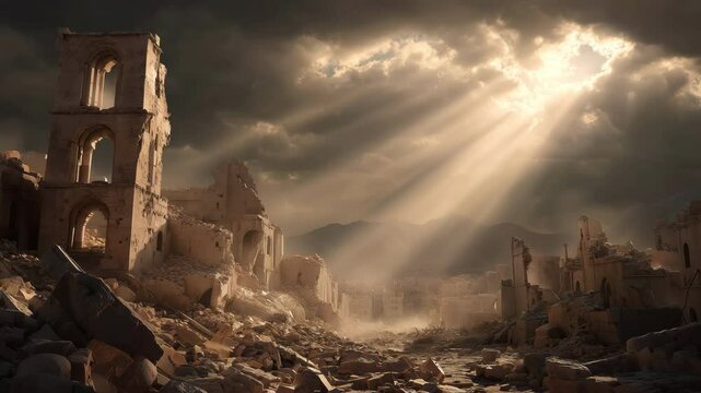Photorealistic ruins of Jericho bathed in dramatic light, evoking a sense of loss and history. Symbolizes the biblical tale of conquest and faith (Joshua 6).