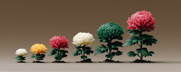 Conceptual floral arrangement depicting growth, progress, and evolution. Beautiful blooms in sequence symbolize development, success. Ideal for business or personal growth themes.