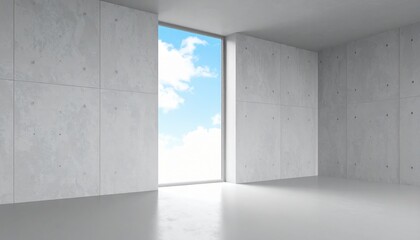 Empty Modern Concrete Room With Large Window And Sky View