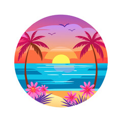 Tropical Sunset T-Shirt Design – Bold Palm Trees, Vibrant Ocean Waves, Colorful Flowers, Beach Summer Vibes Graphic Tee on White Background