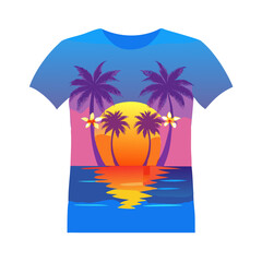 Tropical Sunset T-Shirt Design – Bold Palm Trees, Vibrant Ocean Waves, Colorful Flowers, Beach Summer Vibes Graphic Tee on White Background