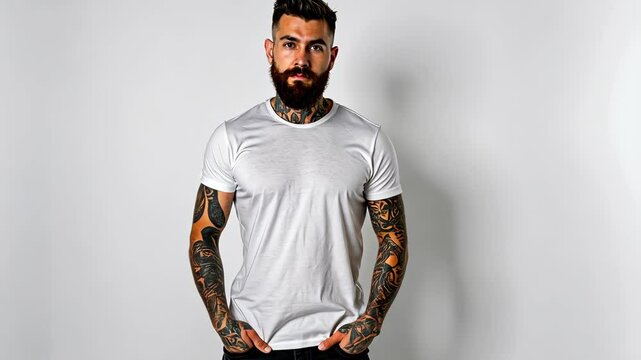 Attractive brutal tattooed bearded guy poses in black jeans and blank white t-shirt from premium thin summer cotton, isolated on white mockup background.
