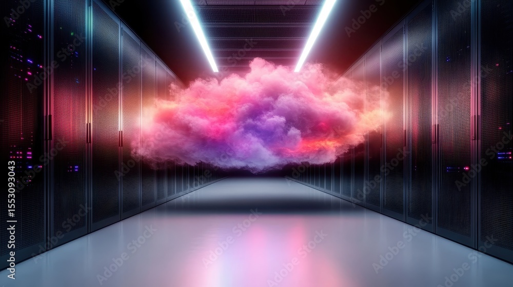Poster a mesmerizing colorful cloud floats in a futuristic server hall, embodying the blending of technolog