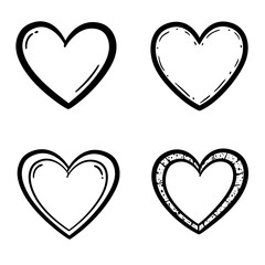 Hand-drawn heart icon set: four variations, black ink, simple, romantic, doodle style, vector illustration.