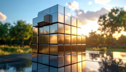 Stacked Metallic Cubes in Sunny Landscape