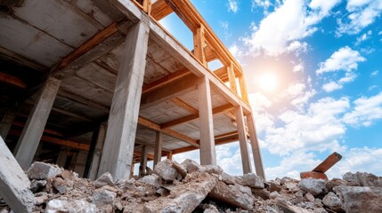 Obraz premium This construction scene reveals a mix of rubble and framework under blue skies, symbolizing progress and transformation in urban development.