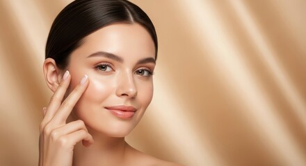 A young woman touching her cheek, showcasing healthy and radiant skin on a beige background.