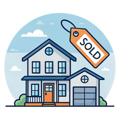 Sold House with Garage and Tag, Real Estate Sale and Property Ownership Illustration in Circular Blue Sky Background