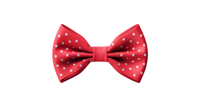 Red bow tie adorned with white polka dots set against transparent backdrop.