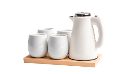 Modern white thermos and cups on a wooden tray isolated against transparent 