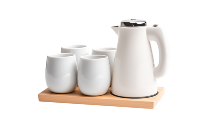 Modern white thermos and cups on a wooden tray isolated against transparent 