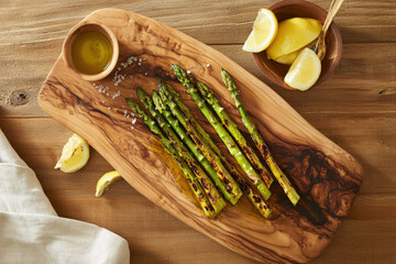 Grilled Asparagus with Lemon and Oil. Grilled asparagus on a wooden serving board with lemon slices and olive oil.