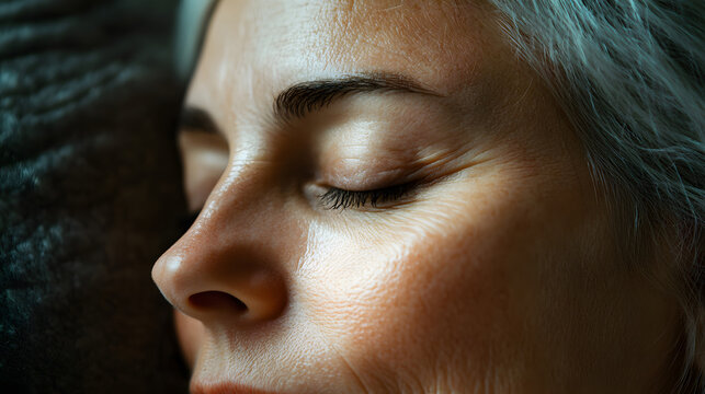 Close-up of a mature woman's face with eyes closed. Side view of a woman sleeping or resting.