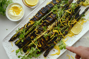 Grilled Asparagus with Lemon and Greens. Grilled asparagus with lemon slices and microgreens, beautifully presented on a white platter, culinary delight.