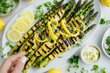 Grilled Asparagus with Lemon. Grilled asparagus with lemon slices and a creamy sauce, a healthy and appetizing meal.
