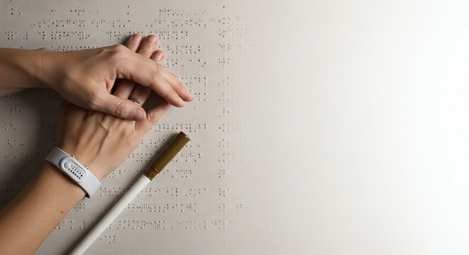 Hands Reading Braille with a White Marker and Wrist Device