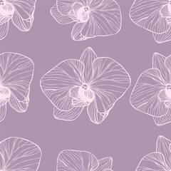 Pattern with pink flowers. Seamless pattern with orchids drawn in delicate line art on a soft purple background. Elegant floral design for fabric, wallpaper, packaging.