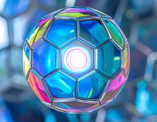 Naklejka premium Iridescent sphere with geometric panels and a bright center. Metaphor for unity, connection, and futuristic design. Great for technology, innovation, or energy concepts.