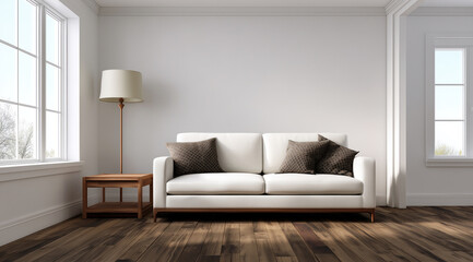 Un salon simple aux murs blancs avec fenêtres, parquet en bois foncé, canapé avec coussins, table basse et lampadaire, lumière naturelle traversant la pièce.