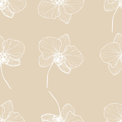 seamless floral pattern. Orchids on a beige background. Elegant botanical design perfect for fabric, wallpaper, wrapping paper, and decorative projects.