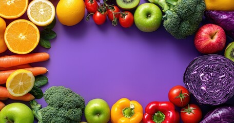 Un étalage vibrant et coloré de fruits et légumes frais, avec oranges, citrons, pommes, kiwis, brocolis, carottes, chou rouge, poivrons et tomates, sur fond violet, concept d'une alimentation saine.
