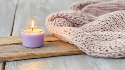 Cozy Autumn Scene Purple Candle Knit Blanket Wooden Board