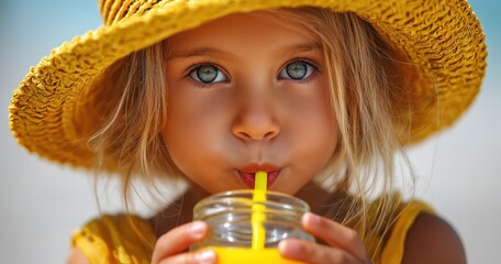 Une adorable petite fille portant un chapeau de paille jaune et une robe d'été, buvant du jus d'orange frais dans un verre avec une paille.