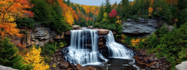 Un paysage naturel avec cascades et chute d'eau avec arbres et forêts au feuillage d'automne aux couleurs variées montrant une nature splendide et une vue panoramique époustouflante.