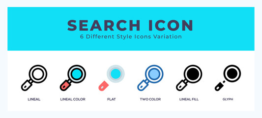Search icon symbol set. outline. glyph black. flat color and filled line color.