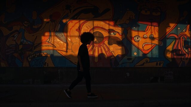 Walking Dark Skin Teenager With Afro Haircut Silhouette Against Colorful Graffiti Wall In The City