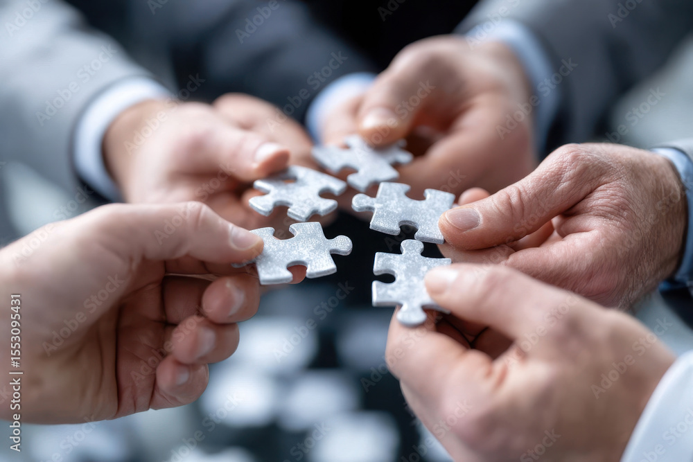 Poster hands together solving a puzzle in a collaborative office environment