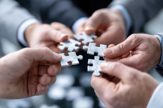 Hands together solving a puzzle in a collaborative office environment