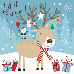 Christmas card with cute reindeer and hanging decoration 