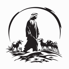 Middle Eastern Man Herding Goats in a Desert Landscape Vector
