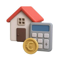 3D Illustration of House with Calculator and Euro Coin, Home Financing and Mortgage Calculation Concept