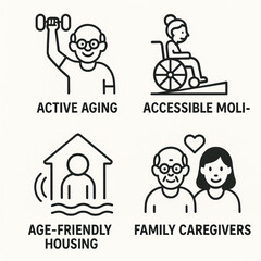 Line Art Icons for Active Aging, Accessible Mobility, Age-Friendly Housing, and Family Caregivers, Senior Care and Support Symbols