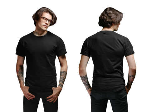 Man model with glasses wearing black blank t-shirt and black jeans over transparent background. Front and back view