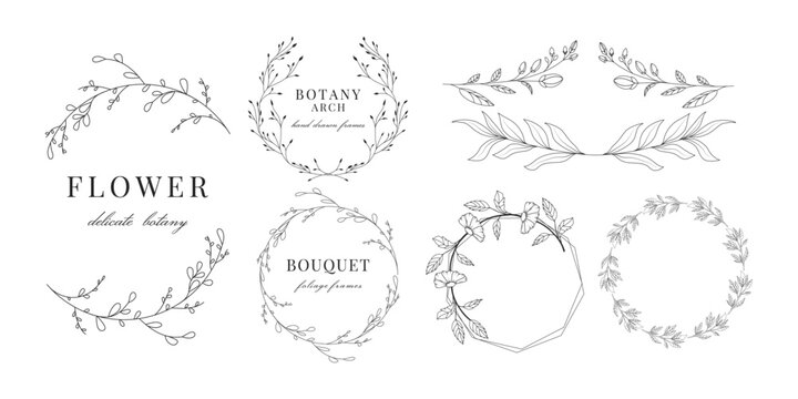 Rustic frames set. Borders for invitations. Botany and floral. Hand drawn whimsical and doodle collection. Leaves elements. Wreath wedding. Round and circles. Bouquets. Spring and summer