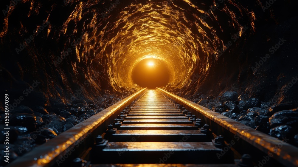Poster a captivating perspective of a railway tunnel illuminated by warm, golden light, creating an intrigu