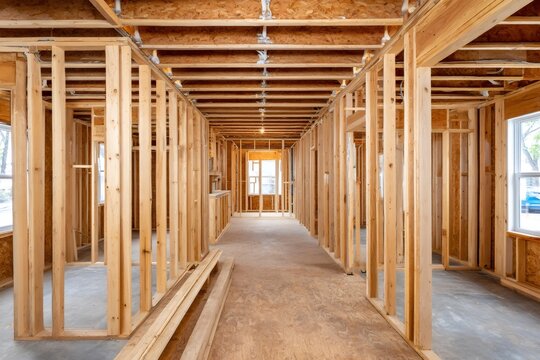 Interior framing of a new home showing wood construction and subflooring