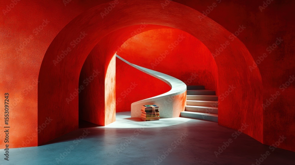 Poster a stunning interior showcasing bold red walls and a spiraling staircase, blending modern architectur