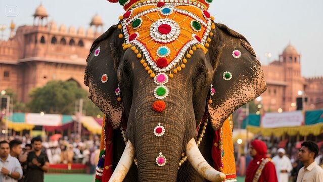 Decorated elephant at the elephant festival in Jaipur – colourful Indian cultural parade in Rajasthan, ornate painted animal with jewellery, vibrant Holi celebration, traditional tourism and travel