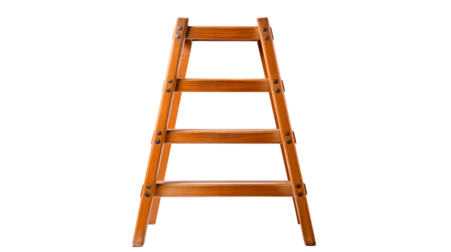 Wooden ladder stands isolated against a clean black backdrop showcasing its construction. - Powered by Adobe