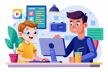 Vector illustration of a human developer working on a laptop with the assistance of a friendly AI robot. 