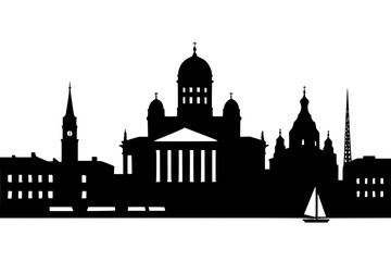 Obraz premium Silhouette of historic buildings and a sailboat in Helsinki