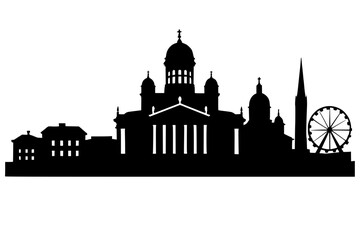 Silhouette of historic buildings and a sailboat in Helsinki