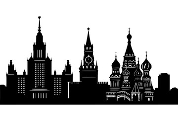 Obraz premium Black silhouette of Moscow city skyline with famous landmarks 