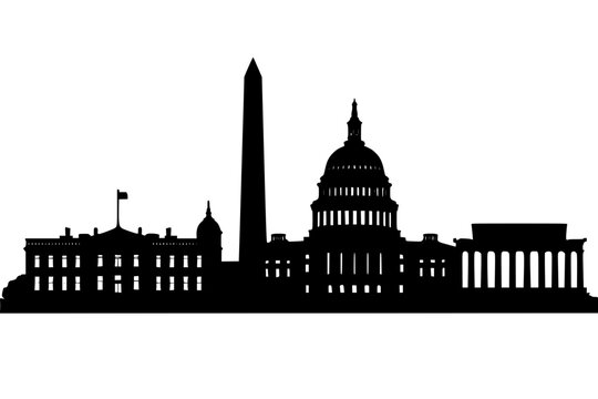 Washington D.C. skyline silhouette with iconic monuments and buildings  