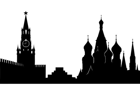 Silhouette of Kremlin and St. Basil's Cathedral in black  